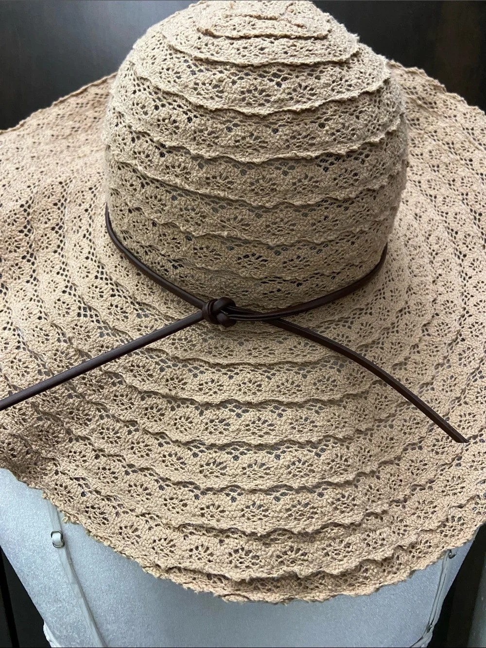 Women’s Wide Brim Adjustable Crochet Sun Hat - Tan with faux leather accent.